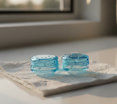 Contact lens case drying upside down on a clean tissue outside of the bathroom.
